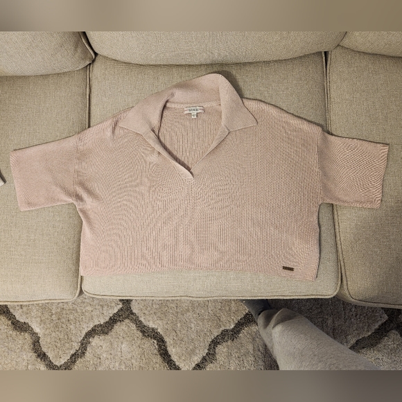 Guess Women's Oversized Cropped Knit Collared Top Size M Pink Lightweight - Picture 5 of 12